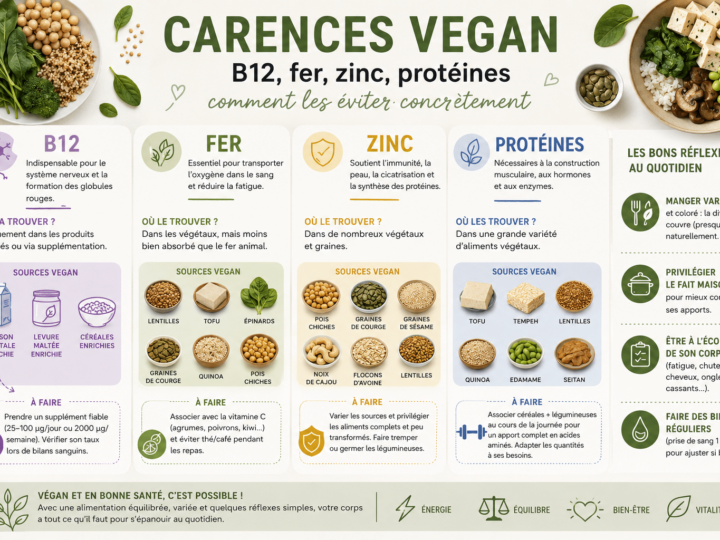 Carences vegan : B12, fer, zinc, protéines, comment les éviter concrètement